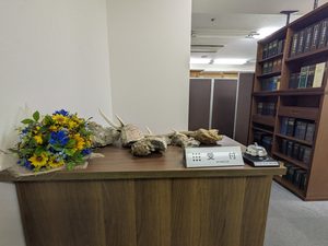花が飾られた木村雅一法律特許事務所 八王子本部の受付カウンターと法律書の本棚